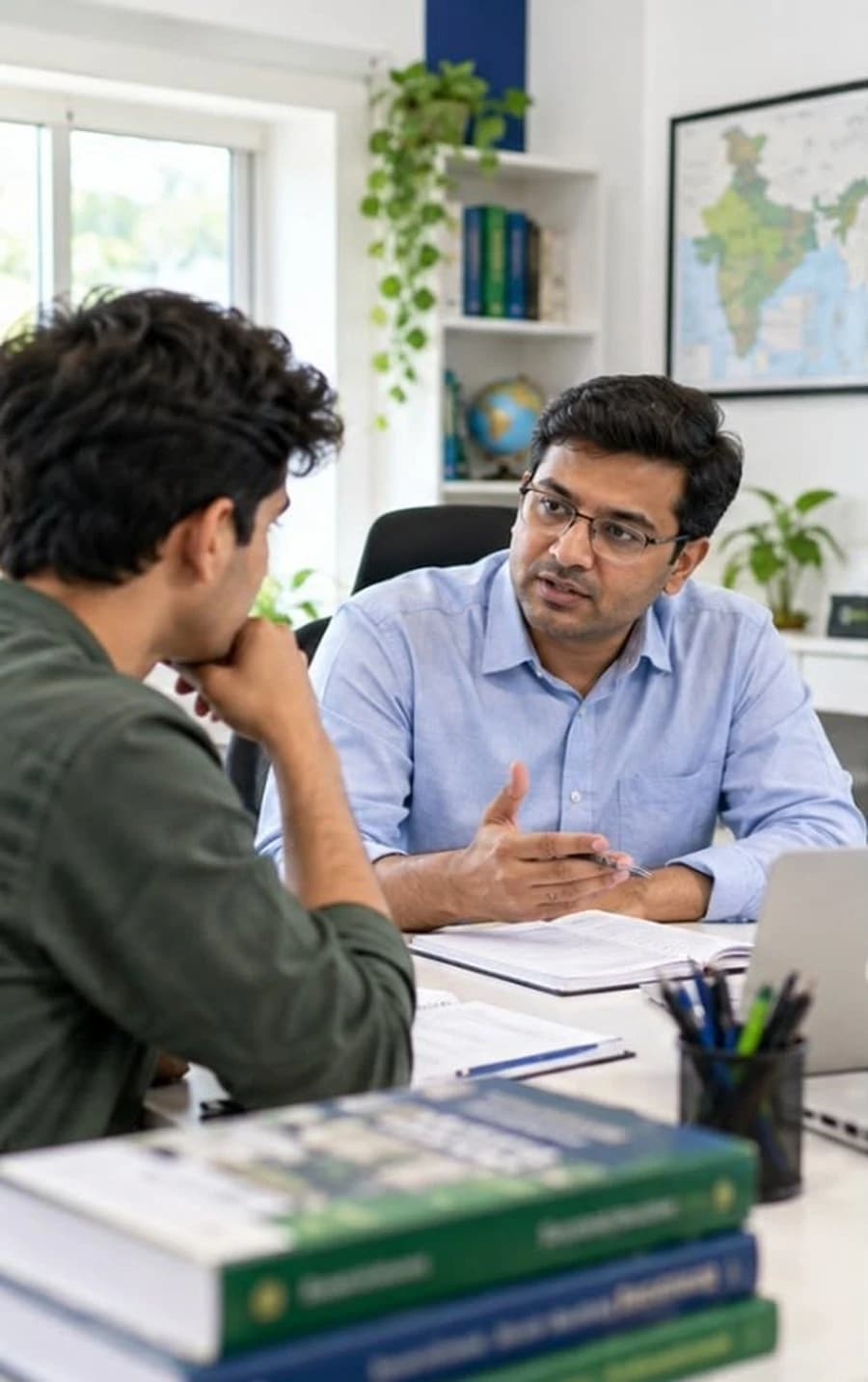 A PIVION mentor talking one-on-one with an aspirant across the desk